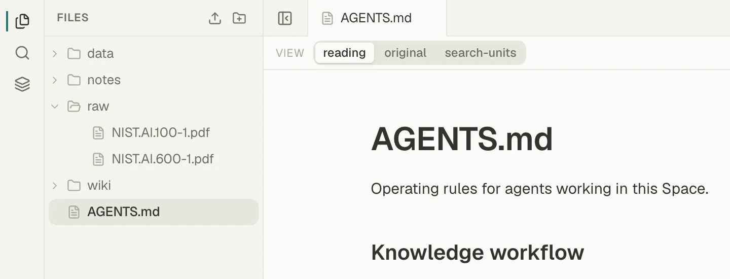 AGENTS.md selected at the top level of the Files list and open in the reading view, beside the Agent tab