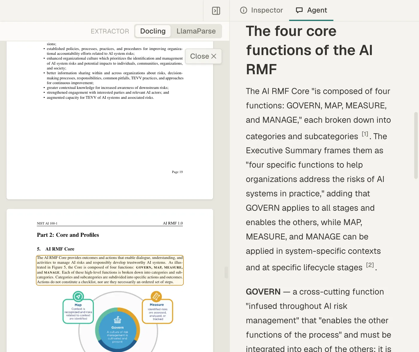 The agent's answer with citations 1 and 2 in the right panel, beside the original PDF page with the passage behind citation 1 outlined