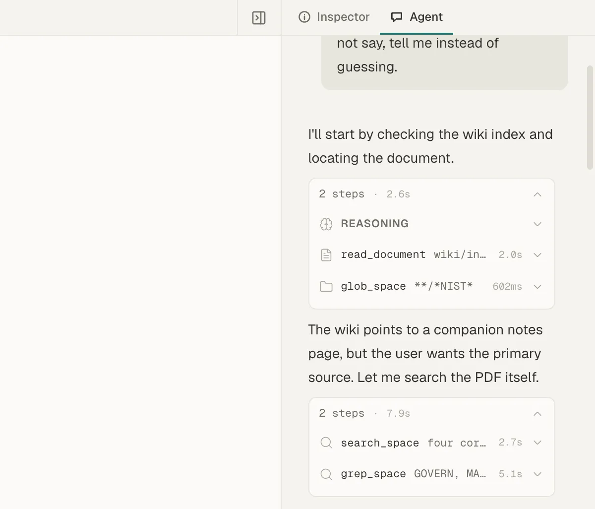 The Agent tab with two expanded step rows listing read_document, glob_space, search_space, and grep_space
