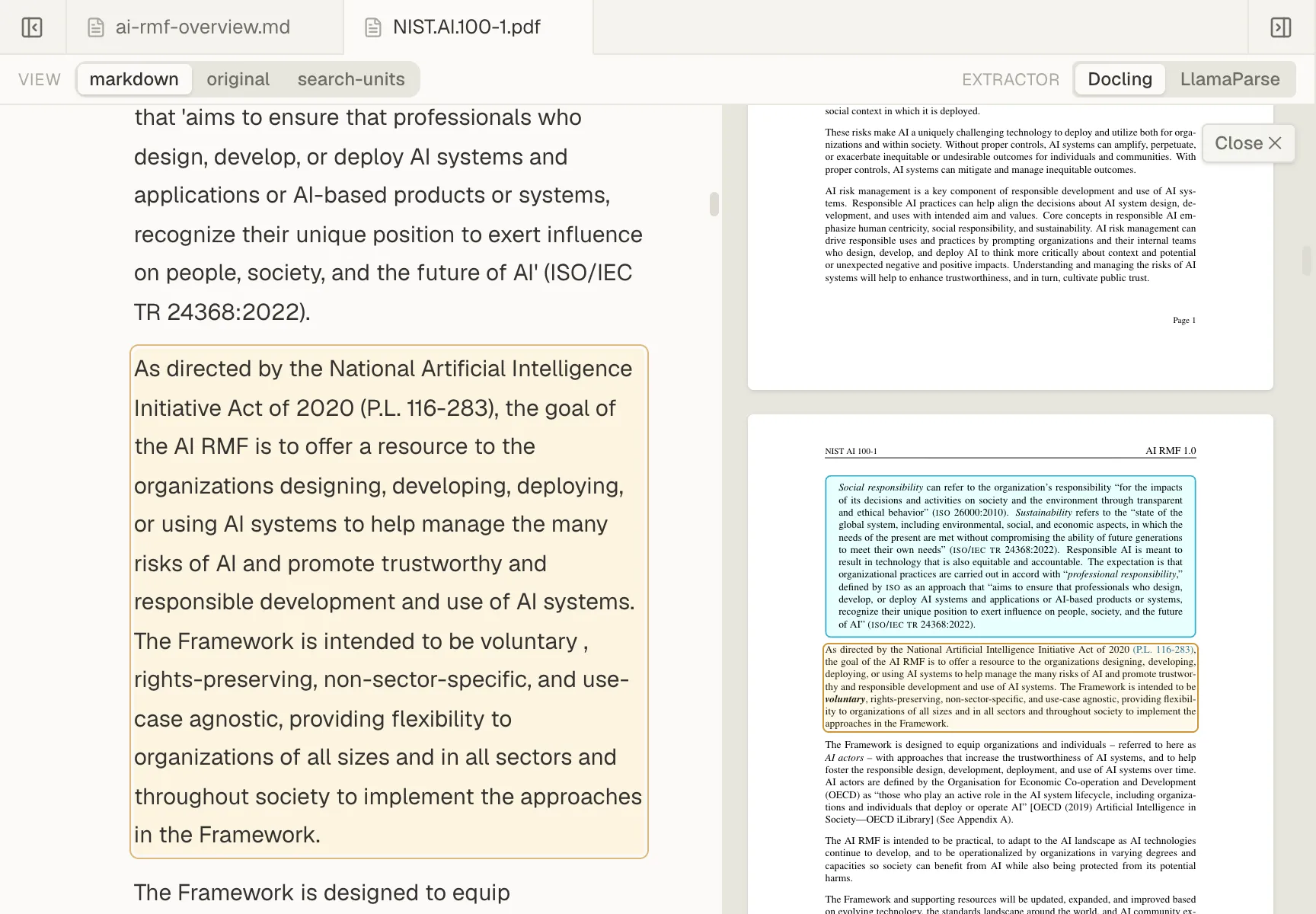 A citation opened from a wiki page. The cited paragraph is highlighted in the PDF's text, and the same paragraph is outlined on the original PDF page beside it.