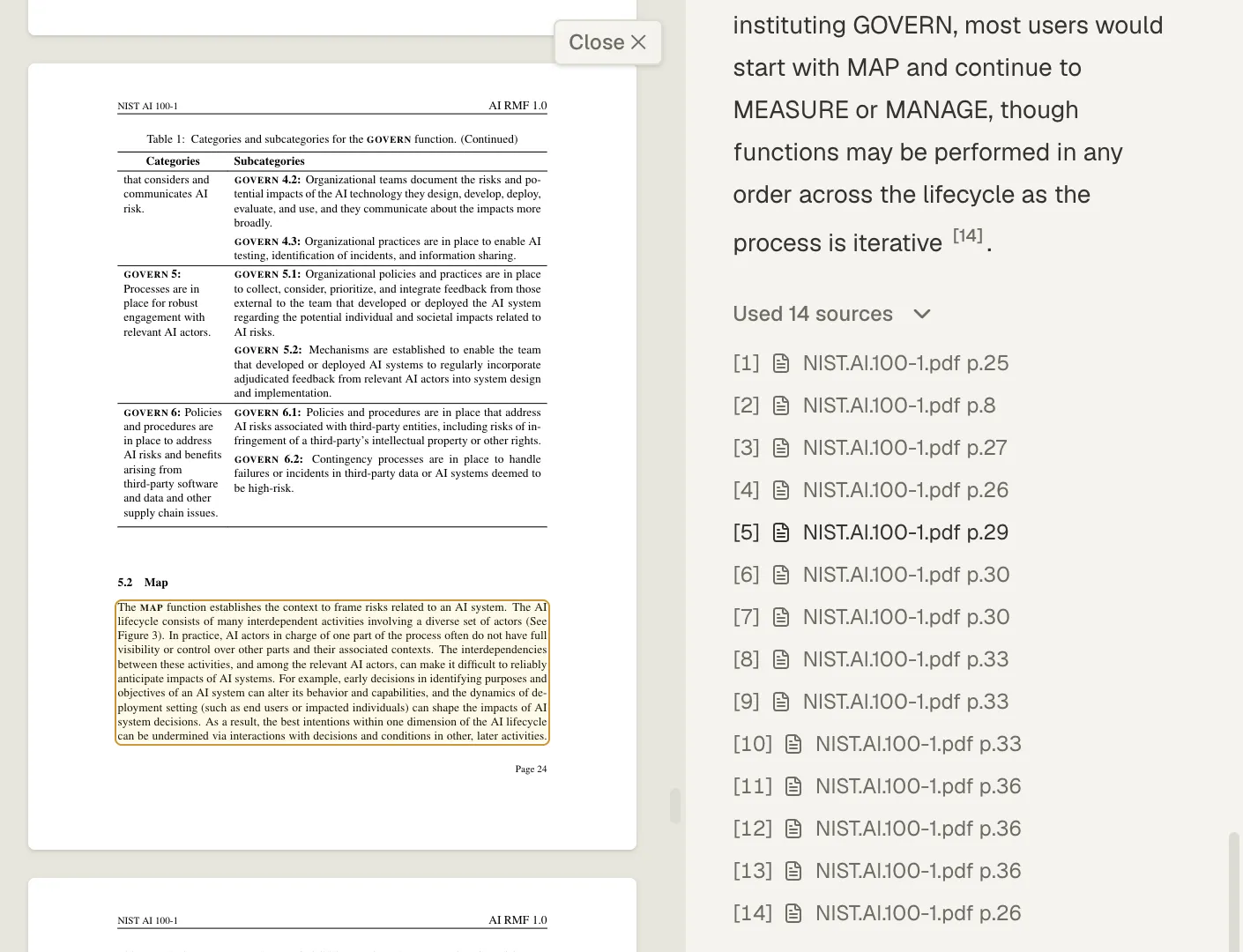 The original PDF page with the cited passage outlined, beside the Agent panel's list of 14 sources