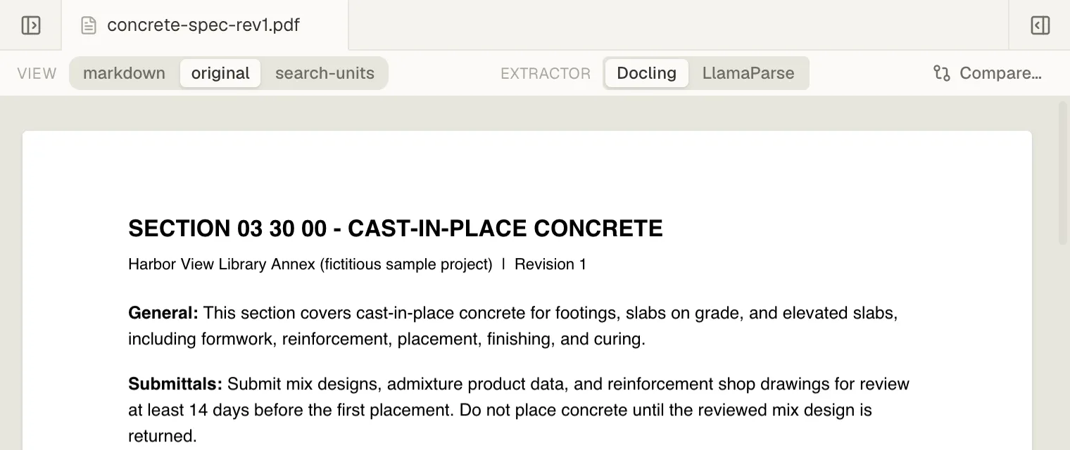 concrete-spec-rev1.pdf open in its original view, with Compare… at the right of the toolbar, beside the View and Extractor switches