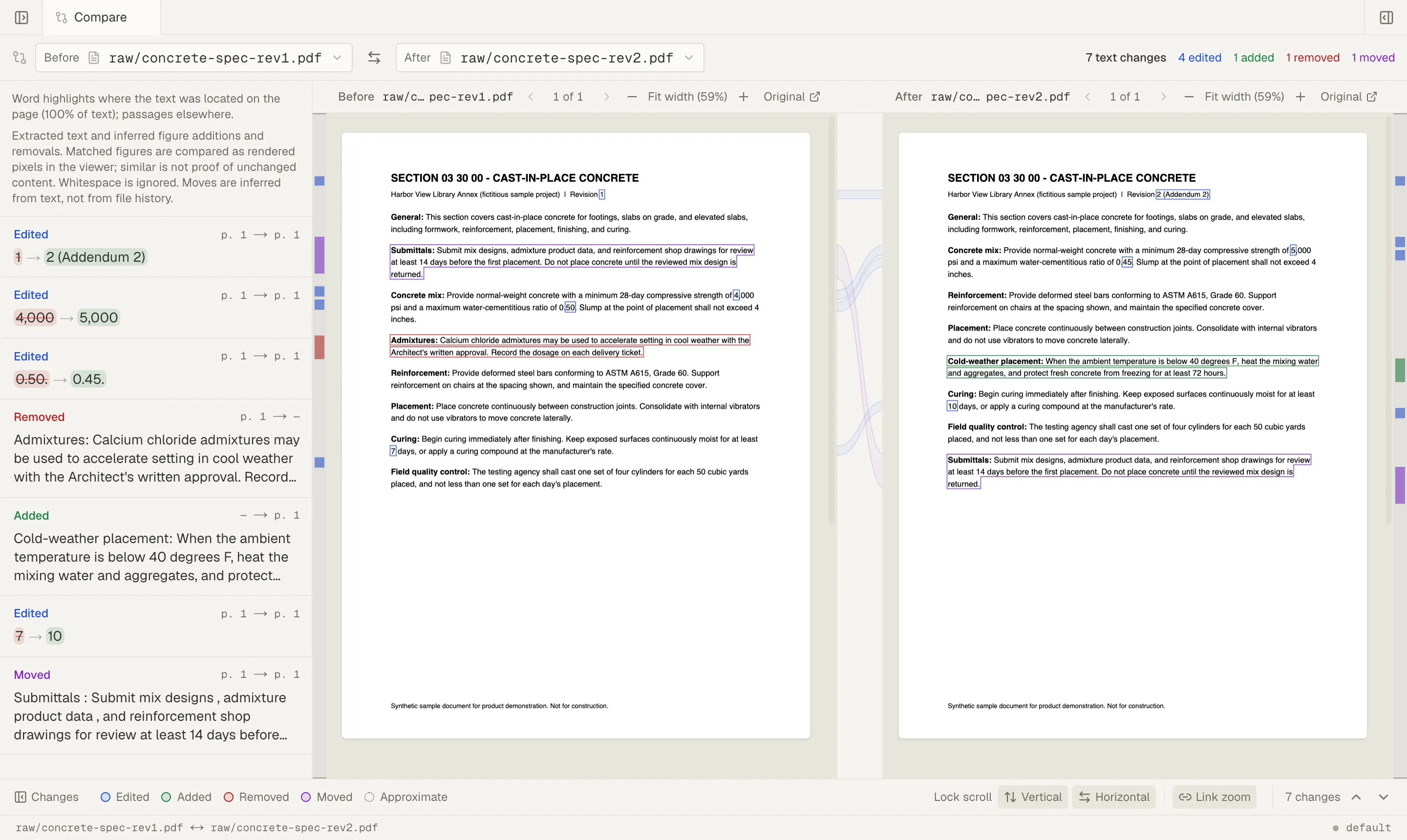 The comparison of Revision 1 and Revision 2. The header reads 7 text changes: 4 edited, 1 added, 1 removed, 1 moved. The change list is on the left, and both PDF pages are side by side with each change outlined.