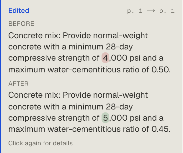 A selected change in Mempipe's change list: the Before sentence requires 4,000 psi and the After sentence 5,000 psi, with the changed digit marked in each.