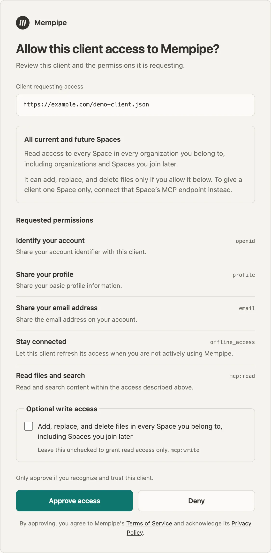The consent screen asks Allow this client access to Mempipe? It shows a demonstration client identifier and read access to all current and future Spaces in organizations the user belongs to. Requested permissions have descriptions and scope codes. An unticked box offers to add, replace, and delete files in every Space. A trust warning appears above Approve access and Deny.