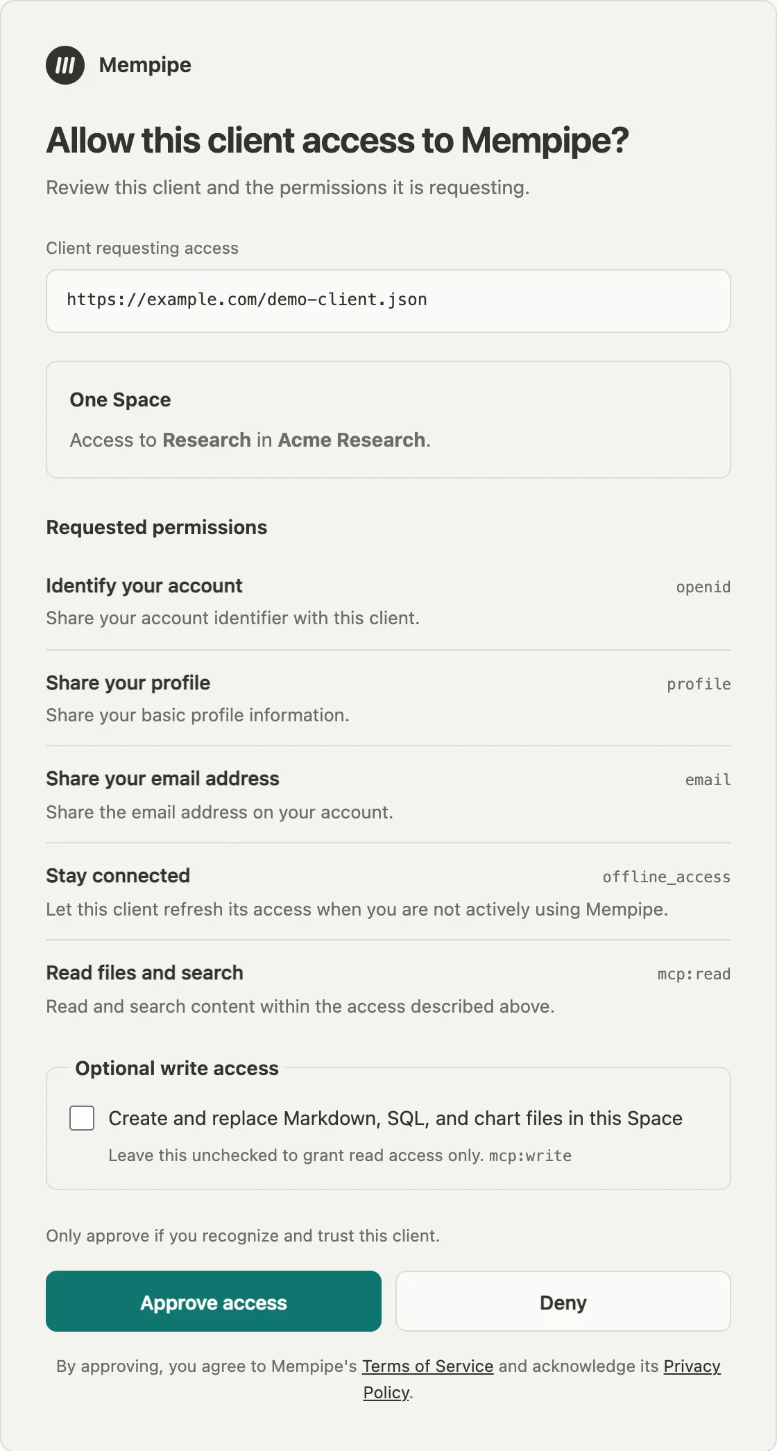 The consent screen asks Allow this client access to Mempipe? It shows a demonstration client identifier, Research in Acme Research, and Requested permissions with readable descriptions and scope codes. Optional write access is unchecked. A trust warning appears above Approve access and Deny.