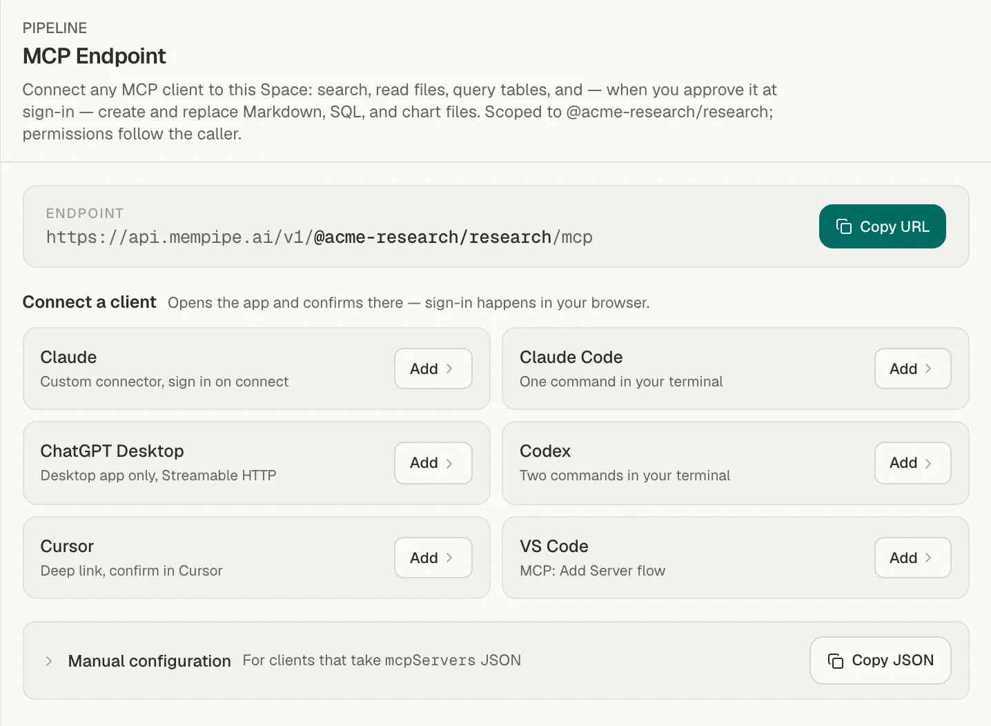 The MCP Endpoint page with the Space's endpoint address, a Copy URL button, and Add buttons for Claude, Claude Code, ChatGPT Desktop, Codex, Cursor, and VS Code