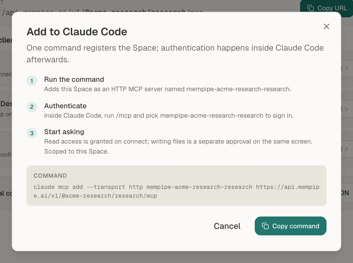 The Add to Claude Code window on Mempipe's MCP Endpoint page, with the claude mcp add command for the Research Space and a Copy command button