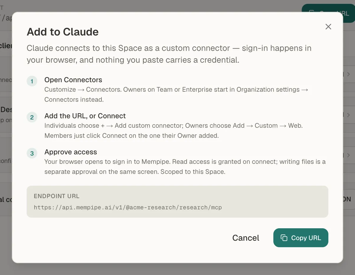 The Add to Claude window on Mempipe's MCP Endpoint page, with steps to open Connectors, add the URL, and approve access, and a Copy URL button