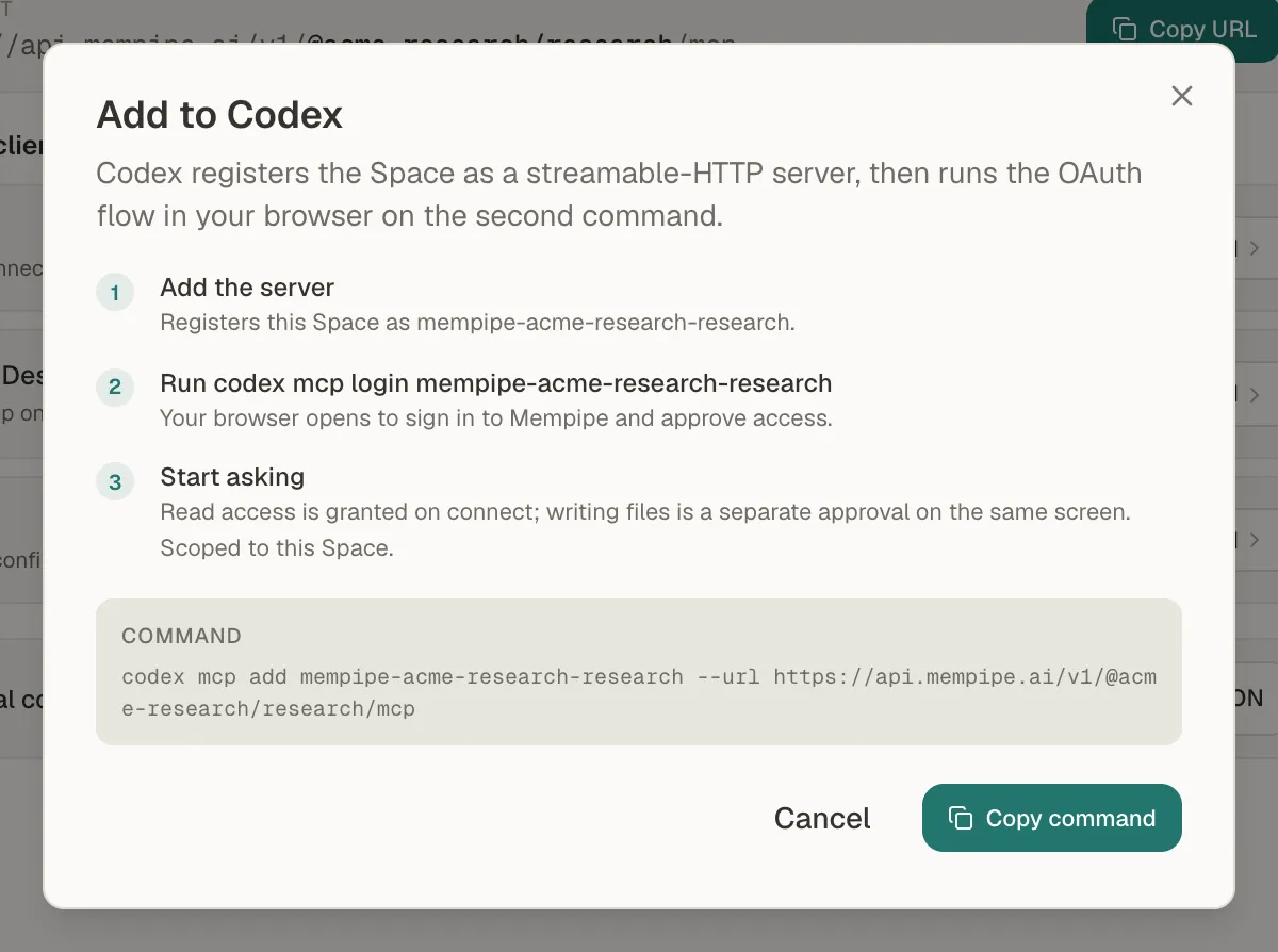 The Add to Codex window on Mempipe's MCP Endpoint page, with the codex mcp add command for the Research Space and a Copy command button