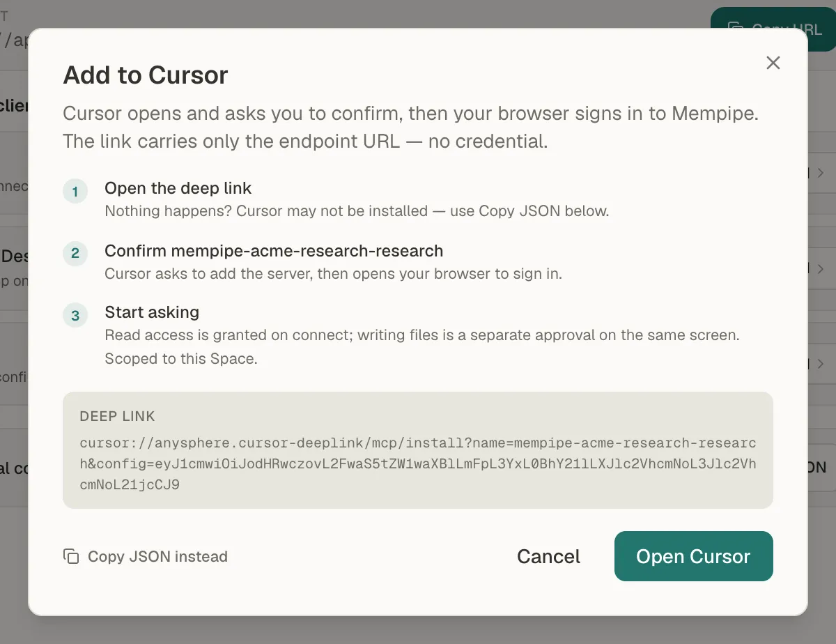 The Add to Cursor window on Mempipe's MCP Endpoint page, with an Open Cursor button and a Copy JSON instead link