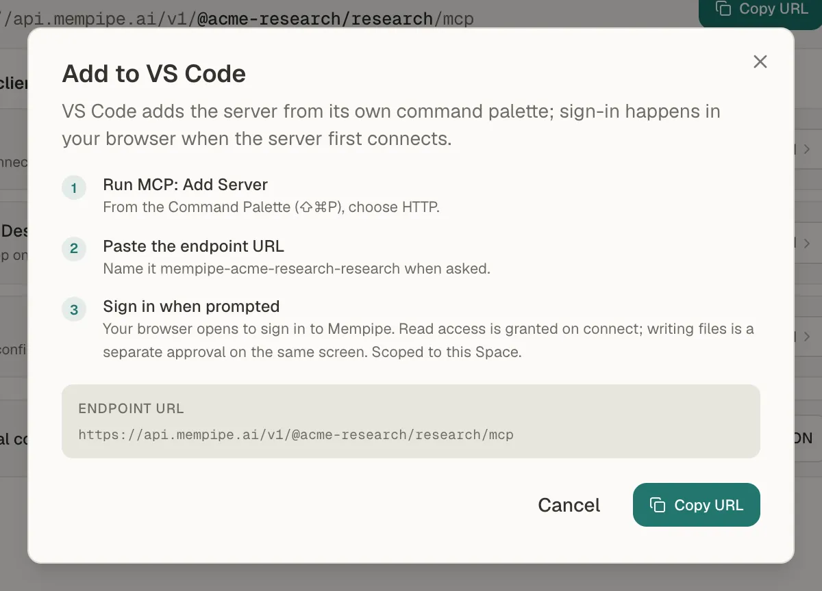 The Add to VS Code window on Mempipe's MCP Endpoint page, with steps to run MCP Add Server, paste the endpoint URL, and sign in, and a Copy URL button