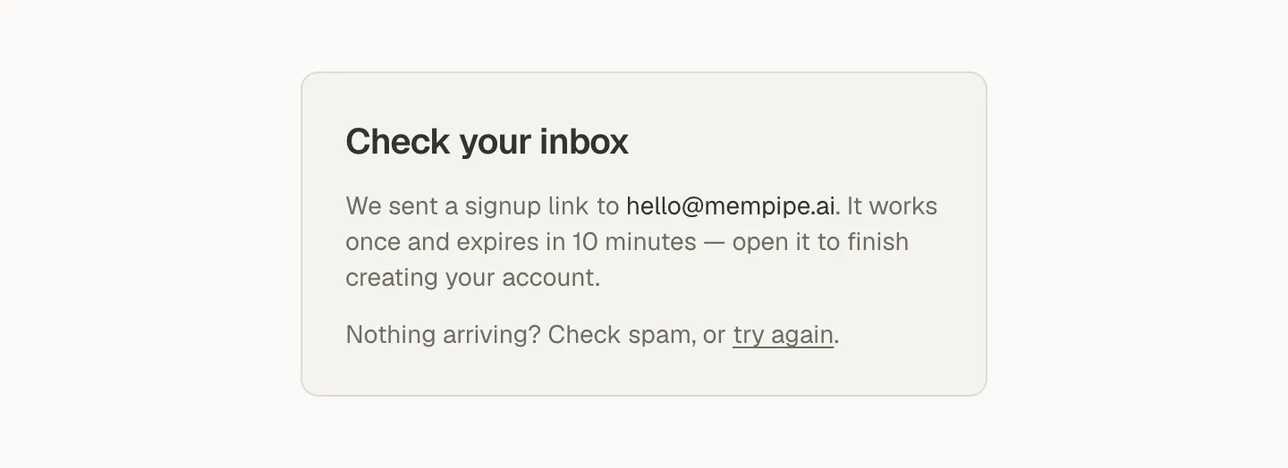 The Check your inbox screen saying a sign-up link was sent and expires in 10 minutes