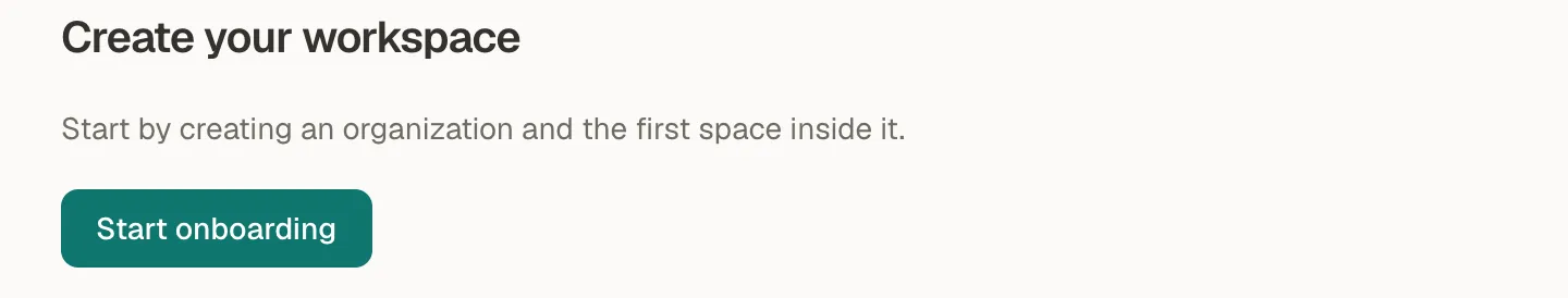 The Create your workspace screen with a Start onboarding button