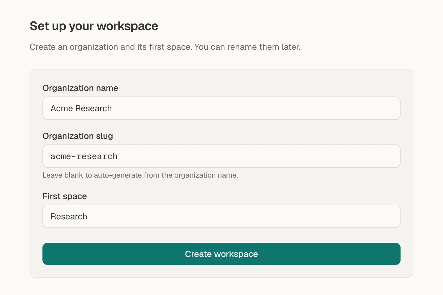 The Set up your workspace form with Organization name, Organization slug, and First space filled in