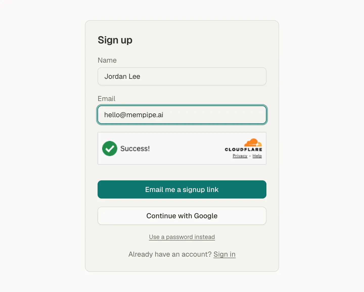The Mempipe sign-up form with Name and Email filled in, a completed verification check, an Email me a signup link button, and a Continue with Google button
