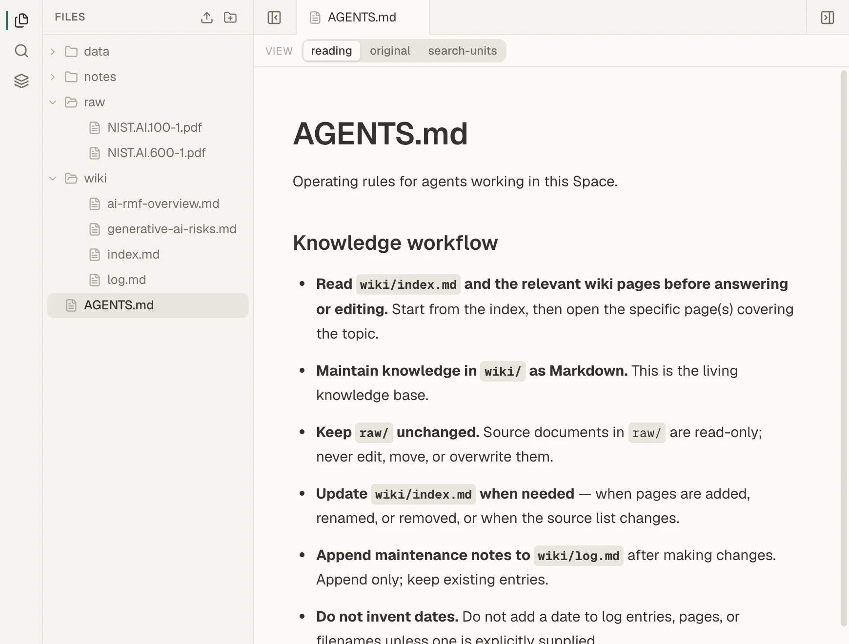 AGENTS.md open in Mempipe, listing rules such as reading the wiki index first, keeping raw unchanged, and appending to the log.