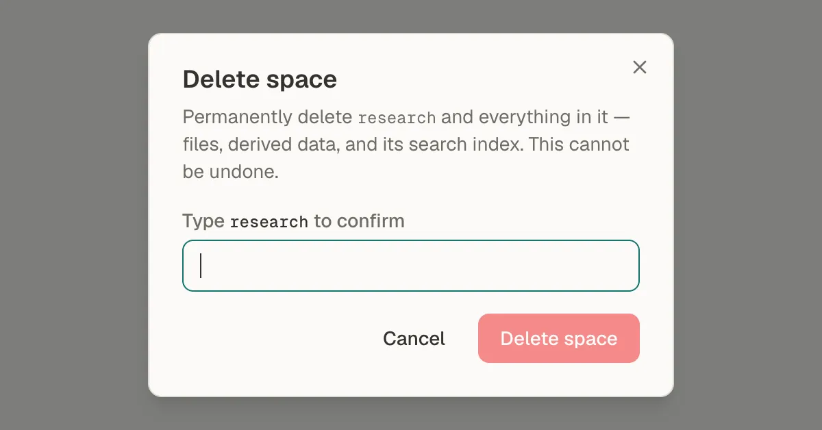 The Delete space dialog saying it will permanently delete research and everything in it, with a Type research to confirm field and Cancel and Delete space buttons