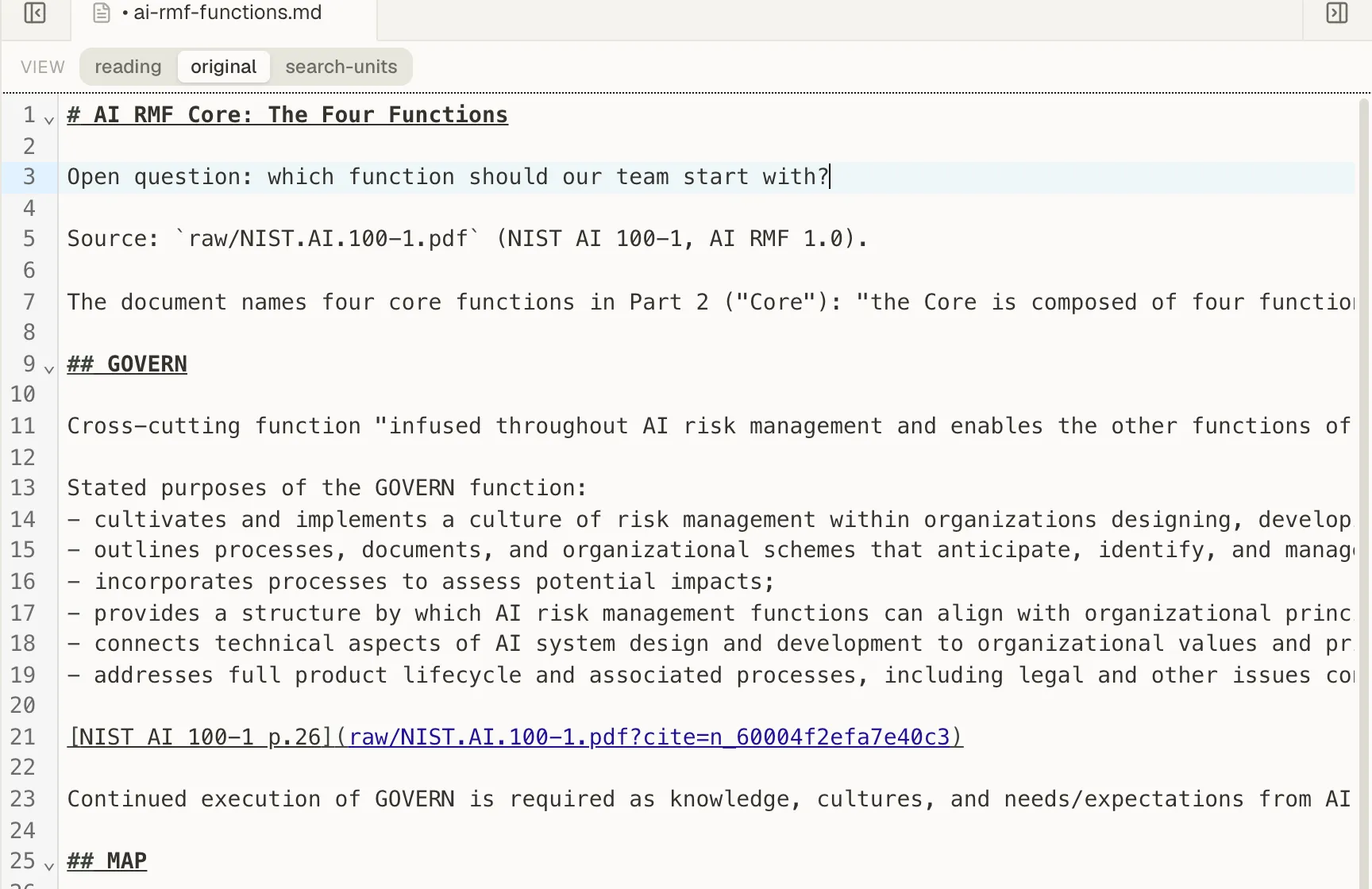 A Markdown note open in the editor, with a dot before its name in the tab showing unsaved changes