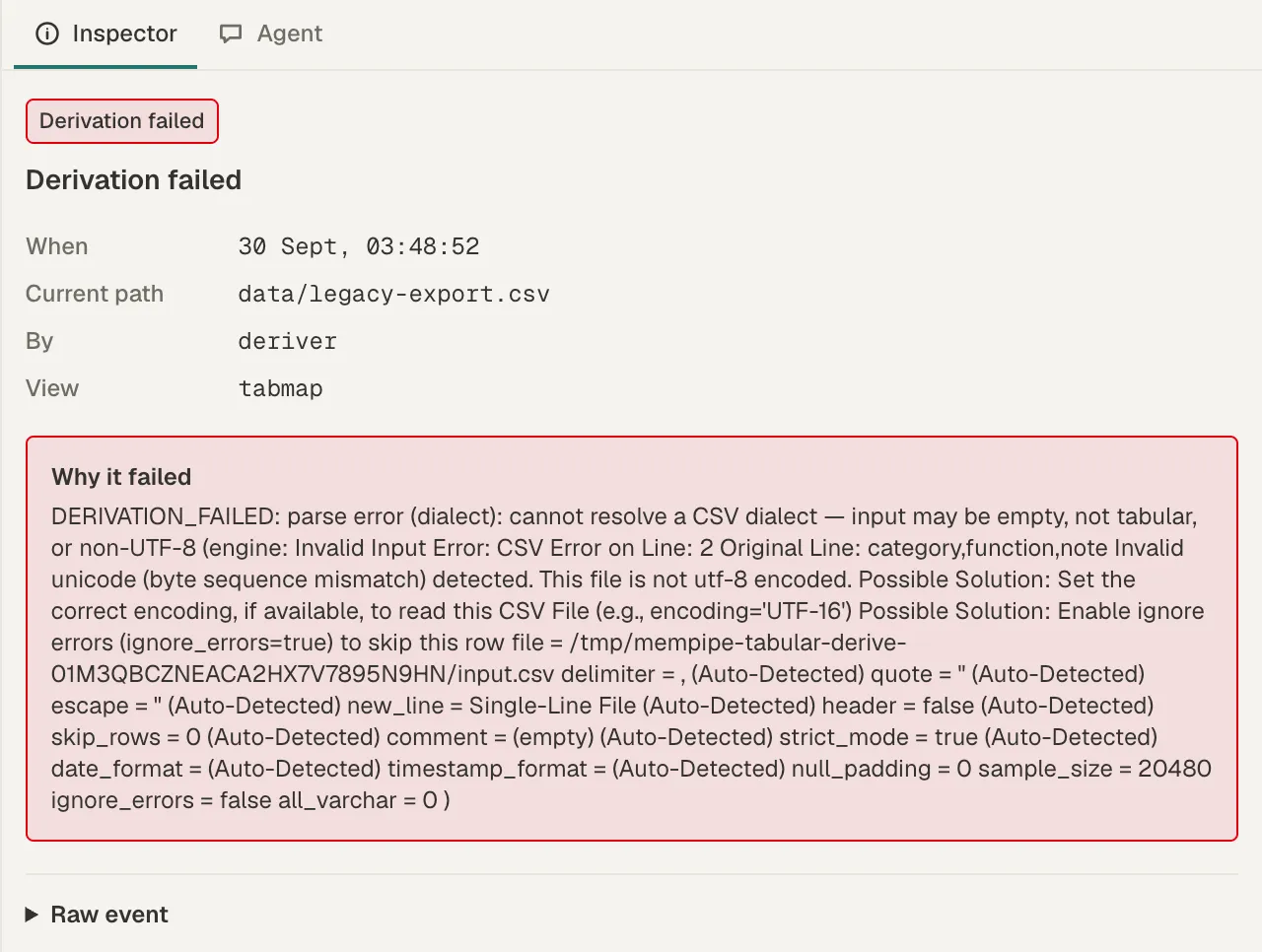 The Inspector showing a Derivation failed step for data/legacy-export.csv, with Why it failed giving a parse error because the file is not UTF-8