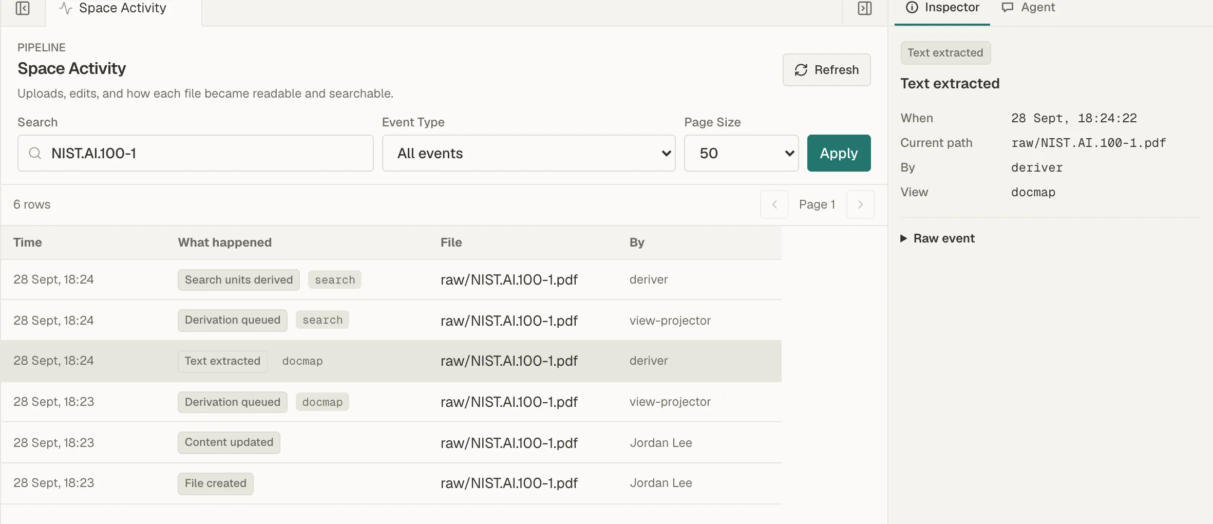 Space Activity listing a PDF's upload and processing steps, with the Text extracted step's details in the Inspector