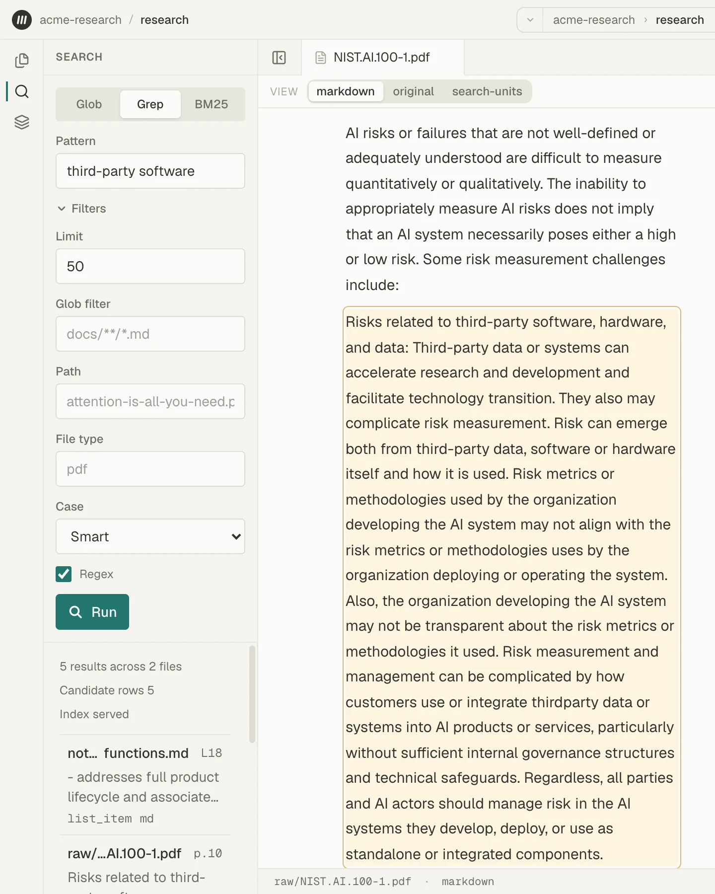 The Search panel in Grep mode with Filters open, five results for third-party software, and a PDF passage containing it highlighted