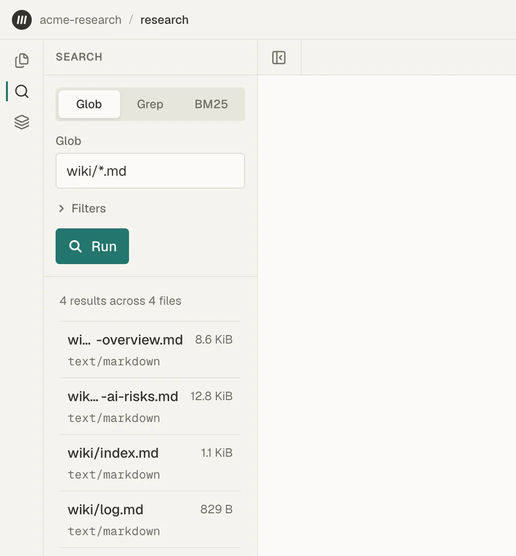 The Search panel in Glob mode listing the four Markdown files in the wiki folder, each with its size and type