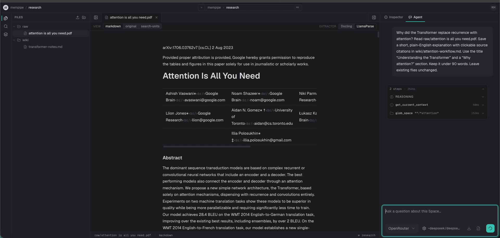 The paper open in Mempipe as extracted Markdown, with a raw folder holding the PDF and a wiki folder beside it. The agent panel on the right carries the question that was asked and the first two tool calls the agent ran to find the file.