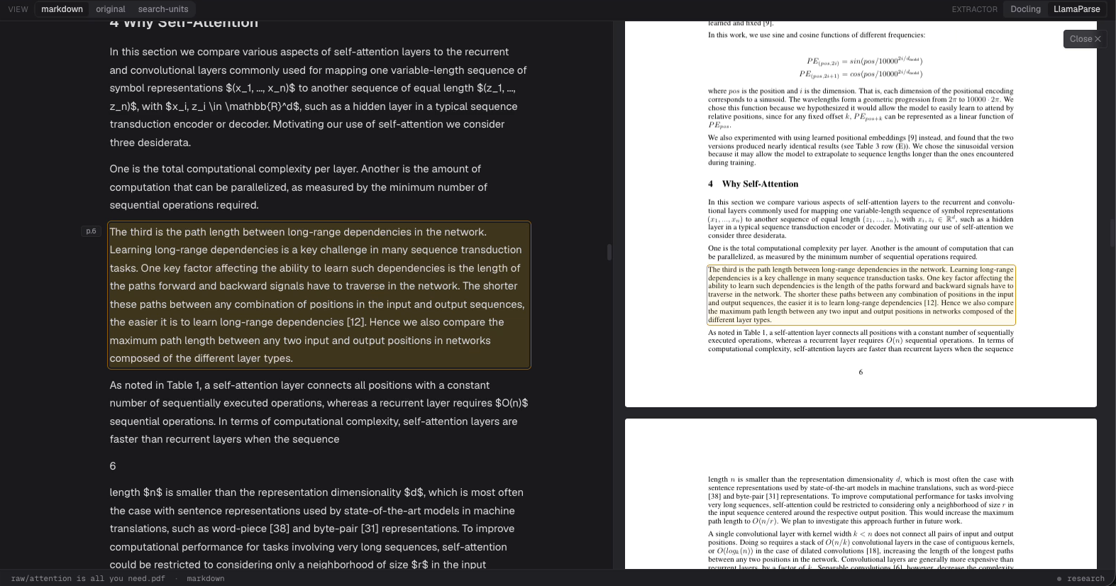 A citation opened in Mempipe, shown close up. The left pane is the paper's extracted Markdown with the cited paragraph highlighted in gold and marked p.6. The right pane is page 6 of the original PDF with the same paragraph boxed in gold.