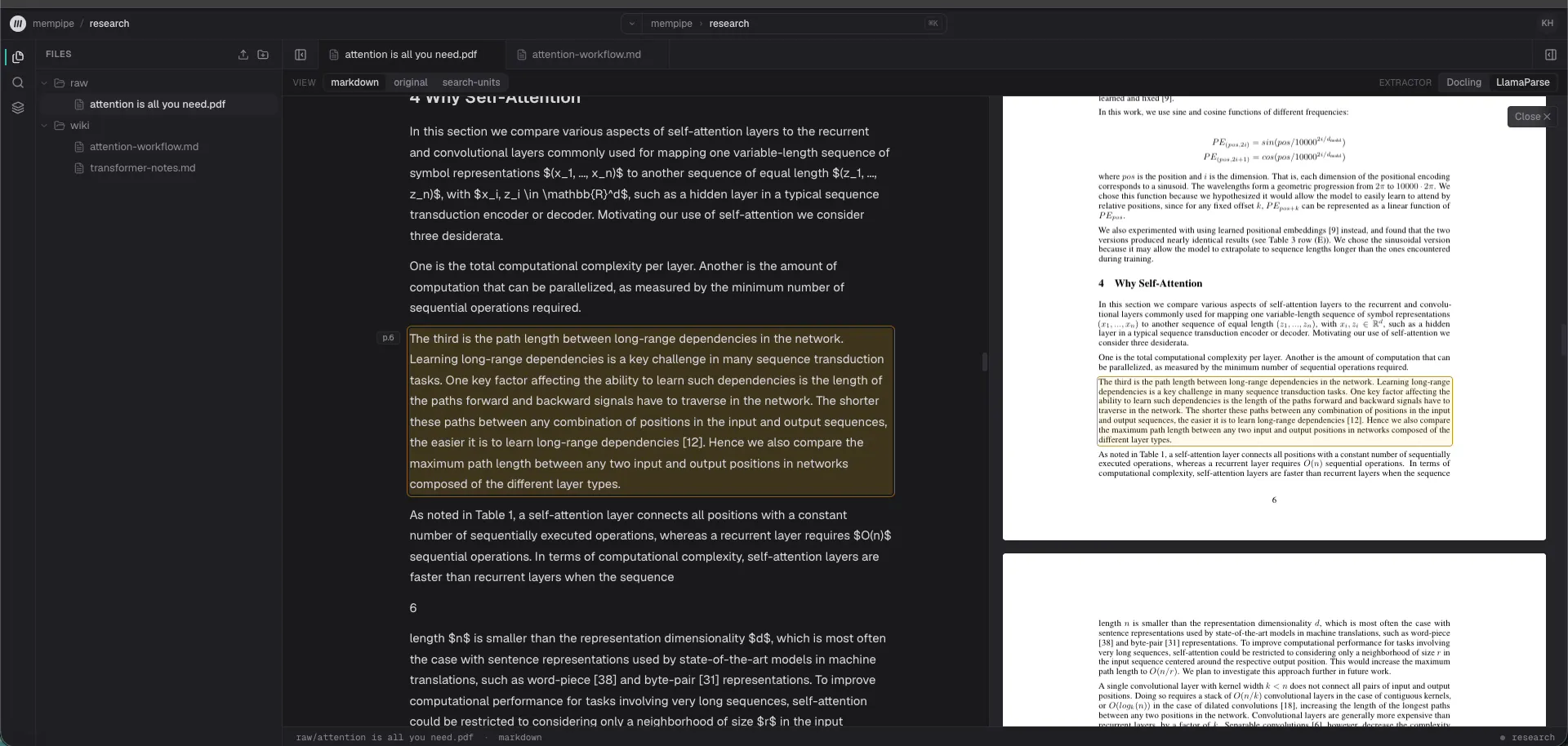 The cited passage from section 4, Why Self-Attention, highlighted in Mempipe’s Markdown view of the paper, with the original PDF page 6 open on the right and the same paragraph highlighted in gold.
