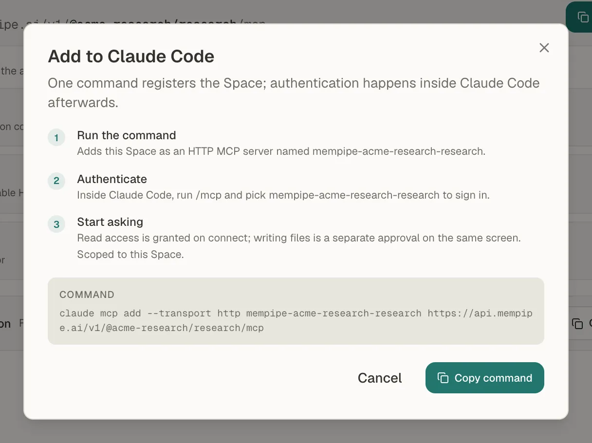 The Add to Claude Code dialog on the MCP Endpoint page, with three steps and the command to run.
