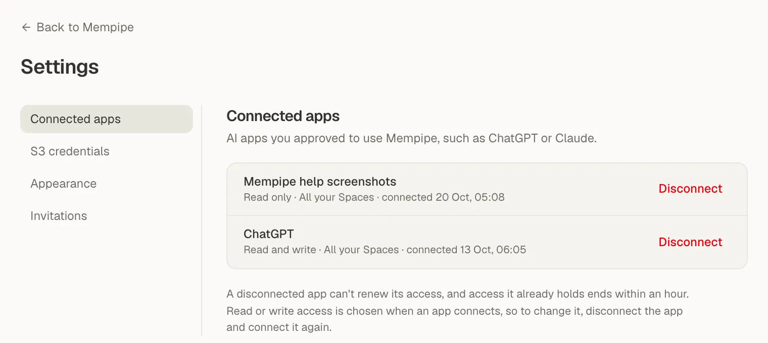 Settings with Connected apps open, listing two apps. Each row shows its access, read only or read and write, its Spaces, when it connected, and a Disconnect button.