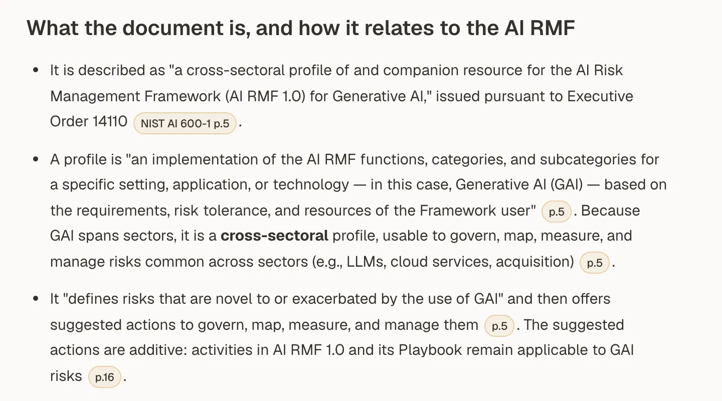 A wiki page in the reading view with citation labels such as NIST AI 600-1 p.5 and p.16 after its claims