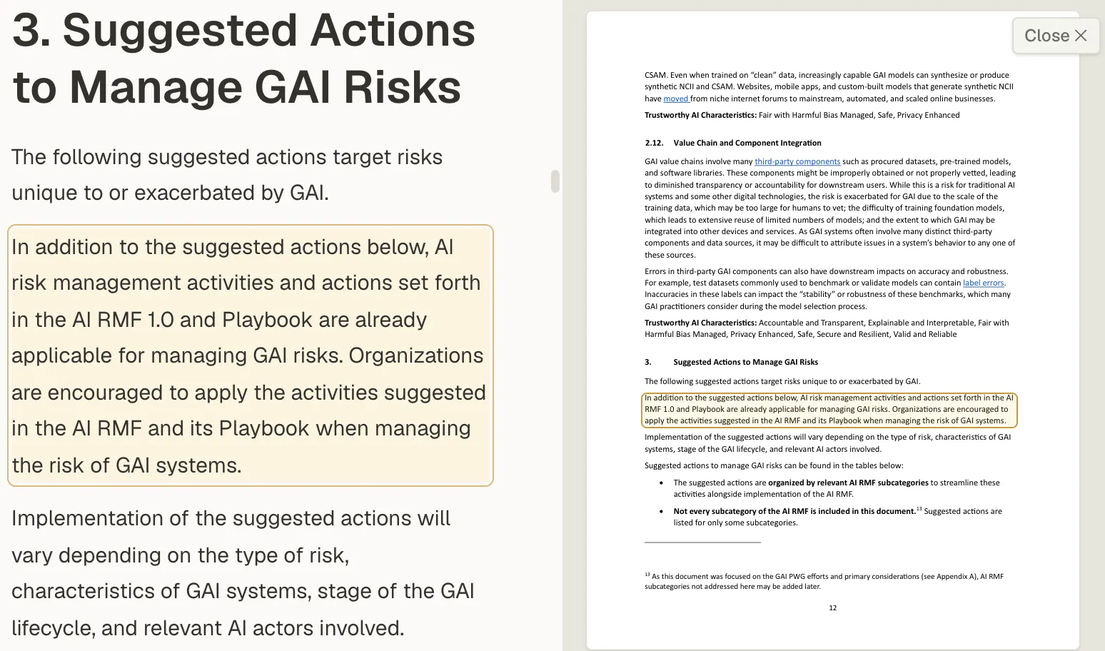 A PDF opened from a citation, with the passage highlighted in the Markdown text on the left and outlined on the original page on the right