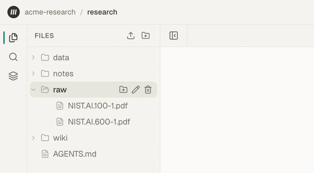 A folder row in Files showing its New folder, Rename, and Delete buttons