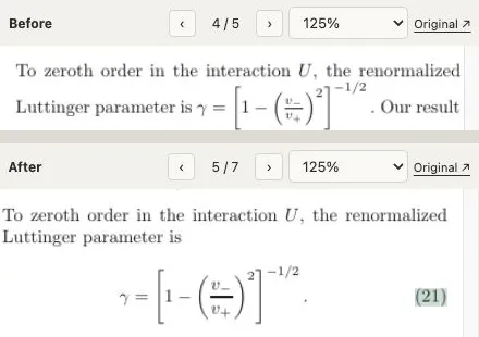 Cropped prototype views show the same gamma expression on old page 4 above and new page 5 below, with the added equation label (21) highlighted.
