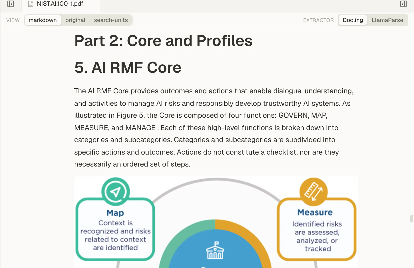 A PDF open in the markdown view, with the View switcher and Extractor buttons above the text