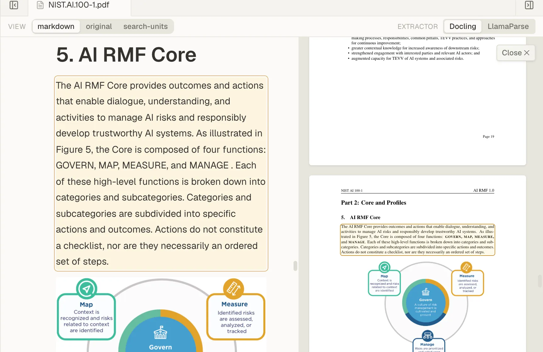 The markdown text on the left and the original PDF page on the right, with the same passage marked on both