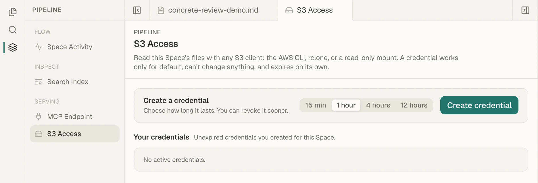 The Pipeline sidebar with S3 Access selected under Serving, beside the credential lifetime controls