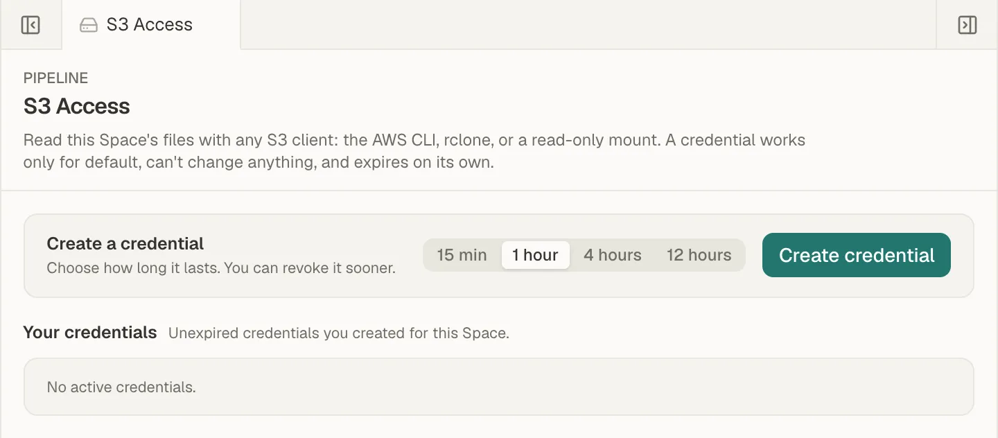 S3 Access with lifetime choices from 15 minutes to 12 hours, one hour selected, and no active credentials