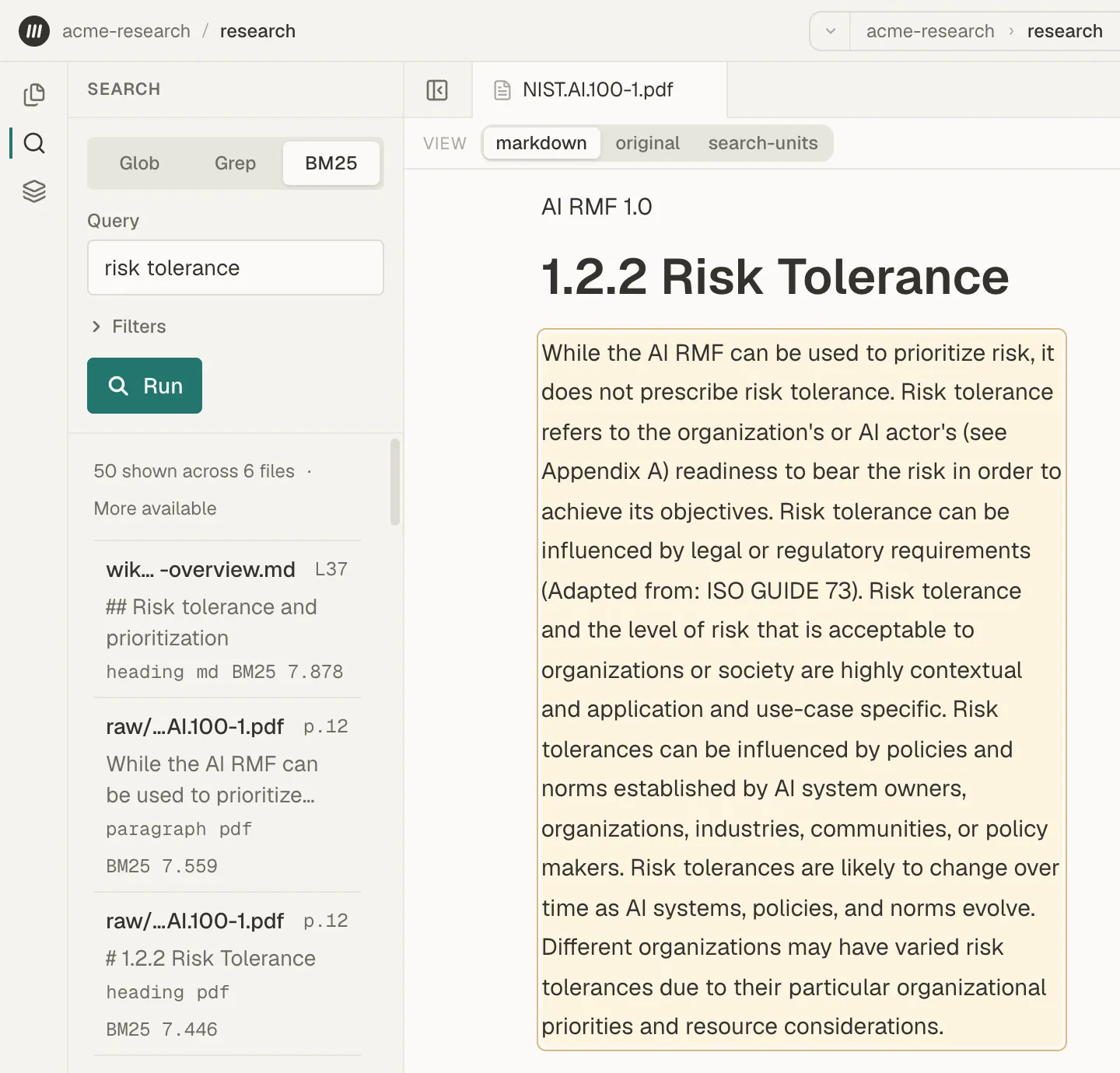 The Search panel in BM25 mode with results for risk tolerance, and a PDF result open with its passage highlighted