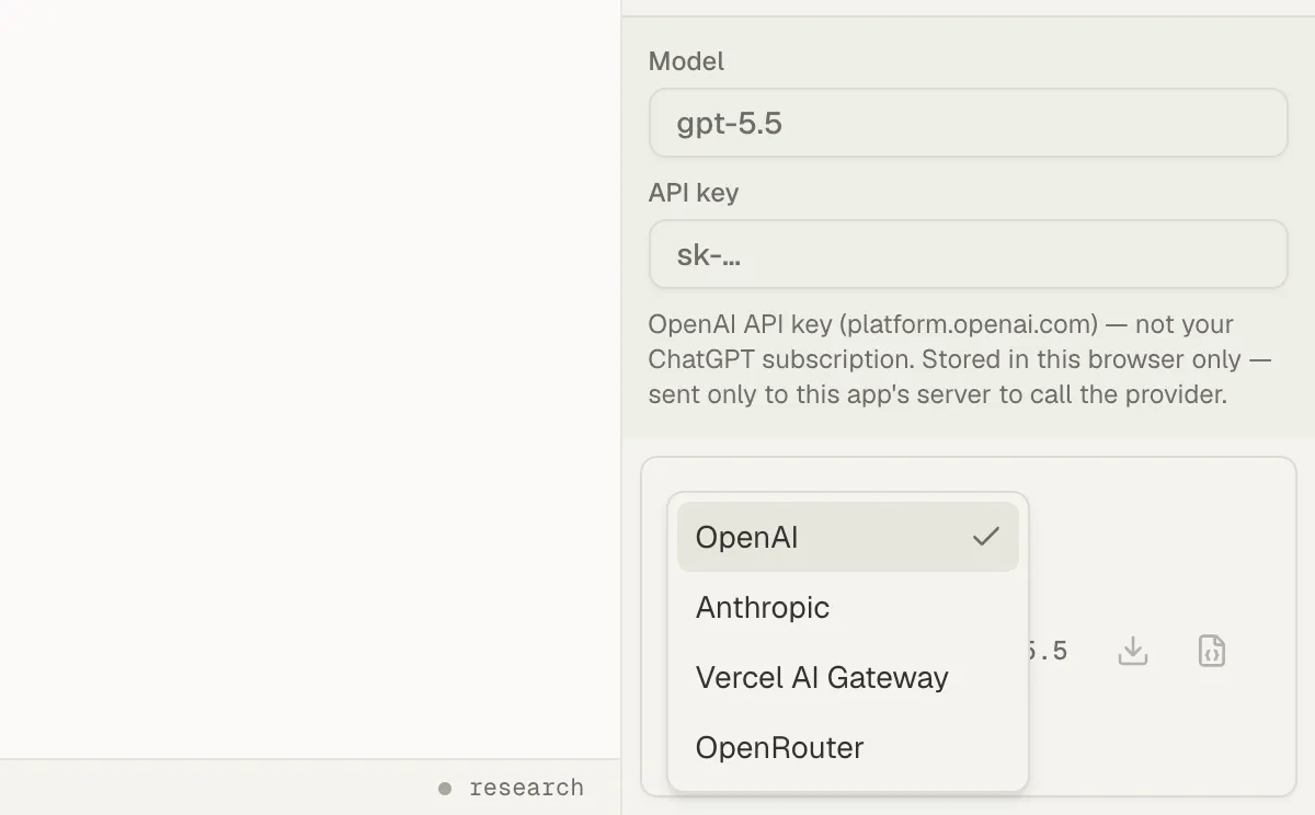 The provider menu open below the Model and API key fields, listing OpenAI, Anthropic, Vercel AI Gateway, and OpenRouter
