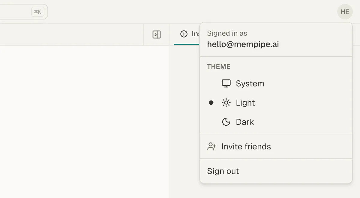 The account menu open at the top right of a Space, showing Signed in as with the account's email, Theme options System, Light, and Dark, Invite friends, and Sign out