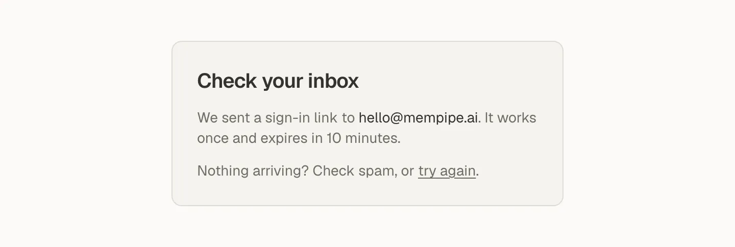 The Check your inbox screen saying a sign-in link was sent, that it works once, and that it expires in 10 minutes