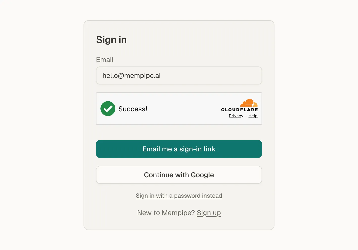 The Sign in form with an email address entered, a completed verification check, an Email me a sign-in link button, a Continue with Google button, and a Sign in with a password instead link
