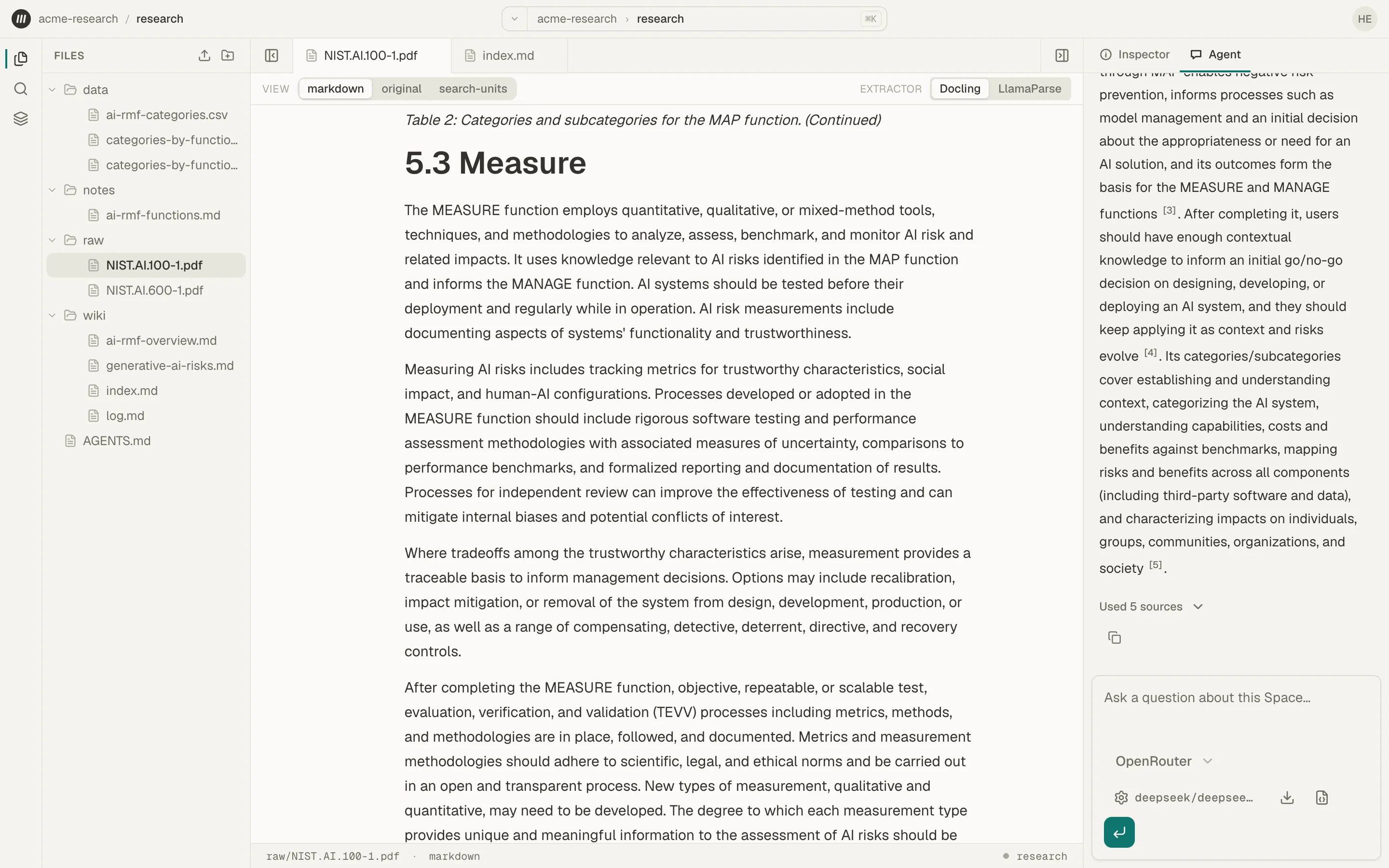 A Mempipe Space with files and wiki pages on the left, a PDF open as Markdown in the middle, and a cited answer in the Agent panel on the right