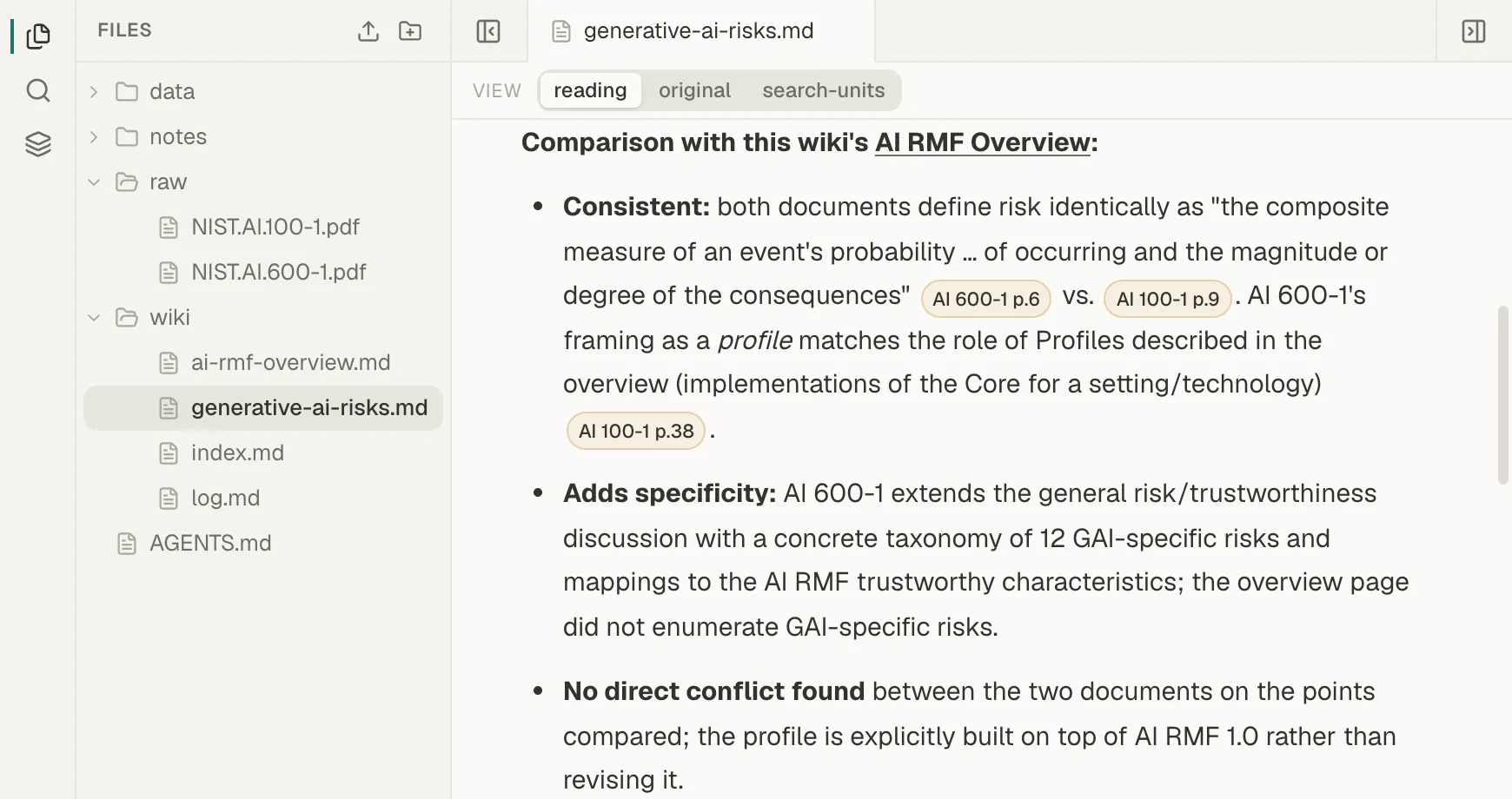 A wiki page comparing the two NIST documents. Where they agree, it cites a passage in each one side by side.