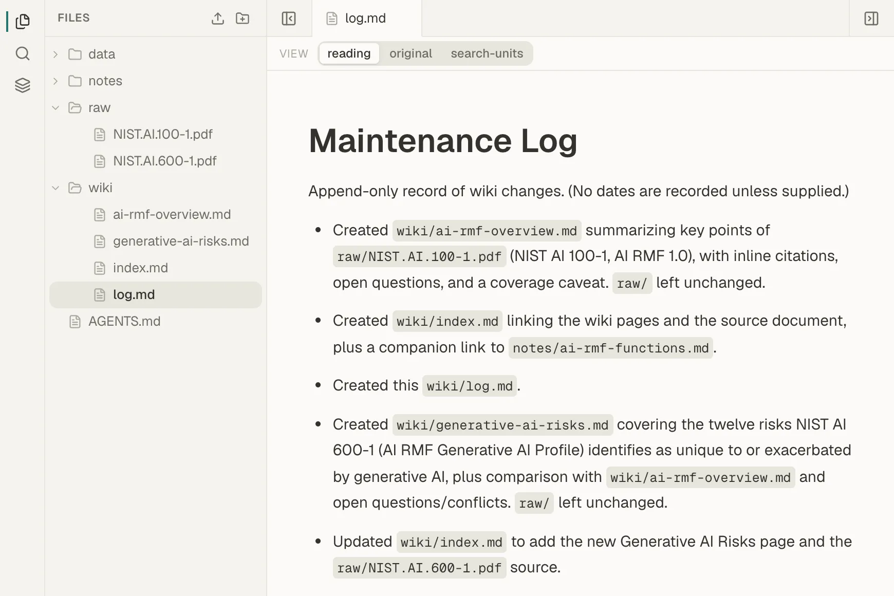 wiki/log.md open in Mempipe, listing five entries: the pages created from the first source, then the page added for the second source and the index update.