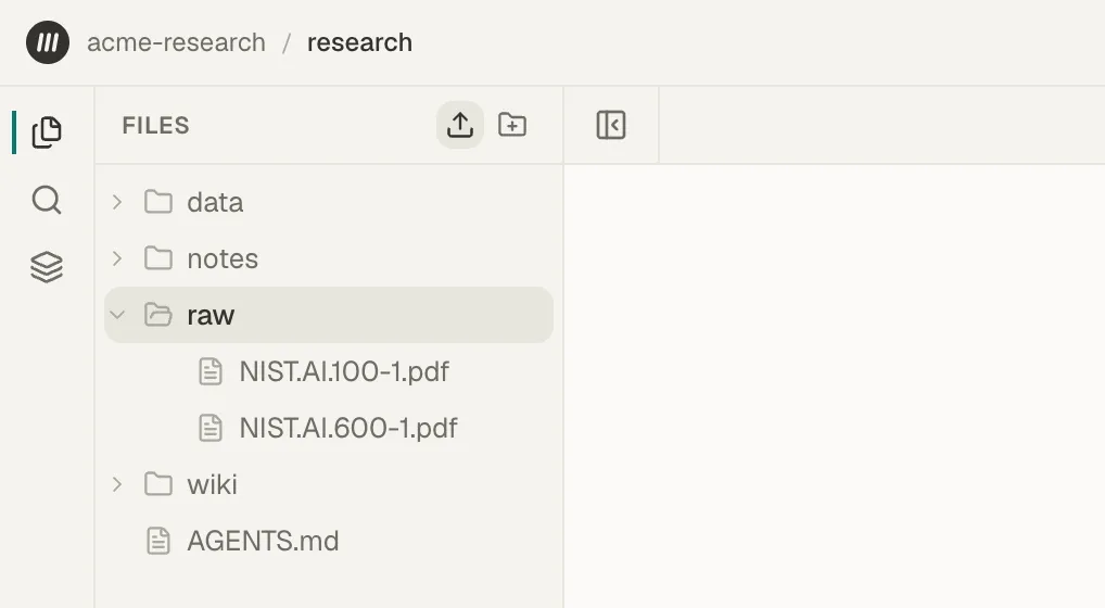 The Files panel with the raw folder selected and the Upload file button at the top of the panel