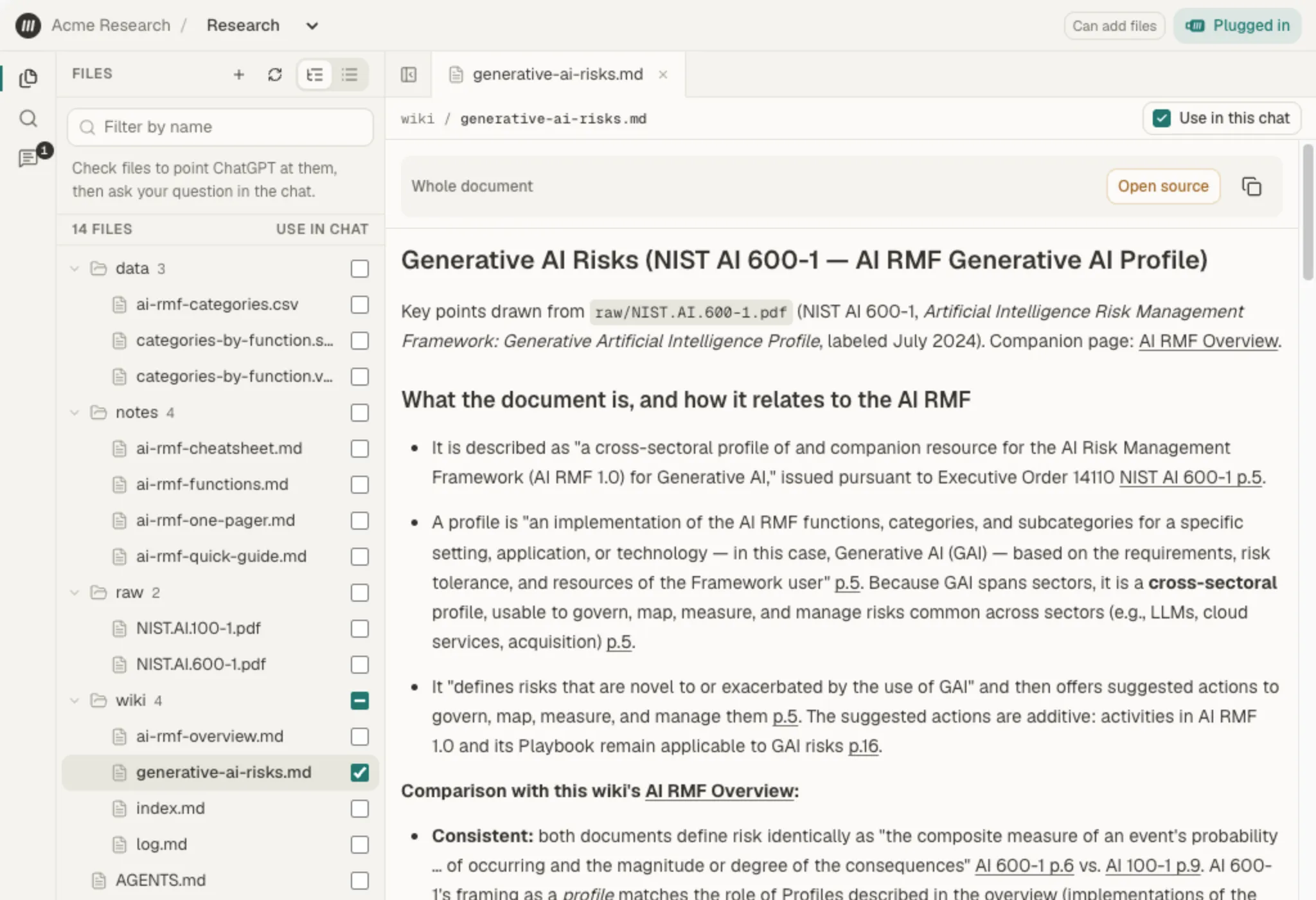 A NIST research collection in Mempipe Notebook, with data, notes, raw, and wiki folders beside an open wiki page